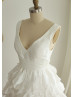 V Neckline Ivory Taffeta Ruffle Skirt Knee Length Wedding Dress